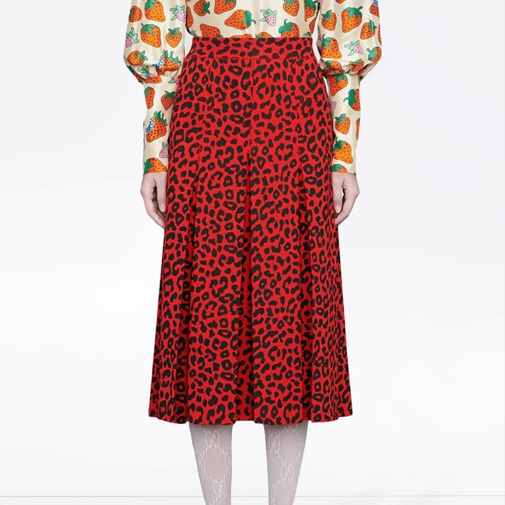 $2410 Gucci NWT Red Leopard Print Knit Skirt Size 38